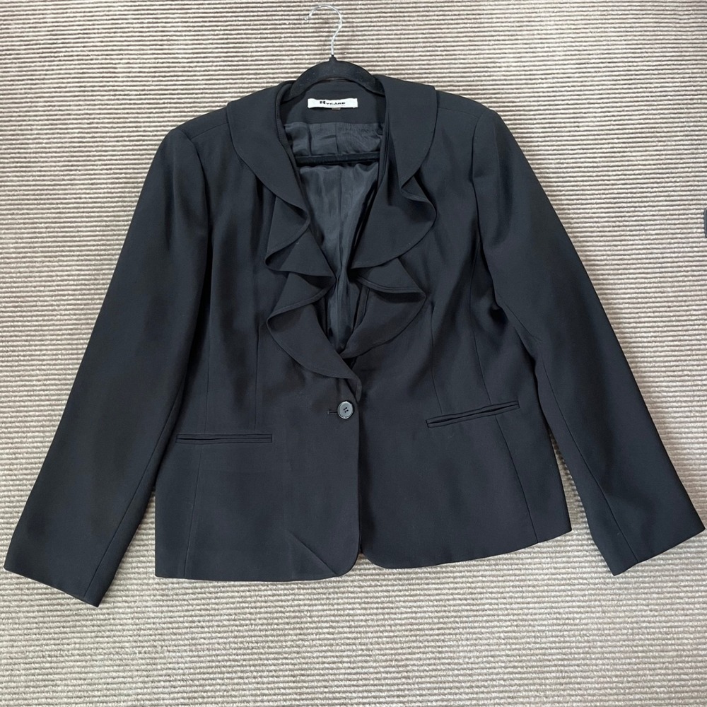 Nygard Collection Black Ruffle Front Blazer Single Button Lined Jacket Womens XL